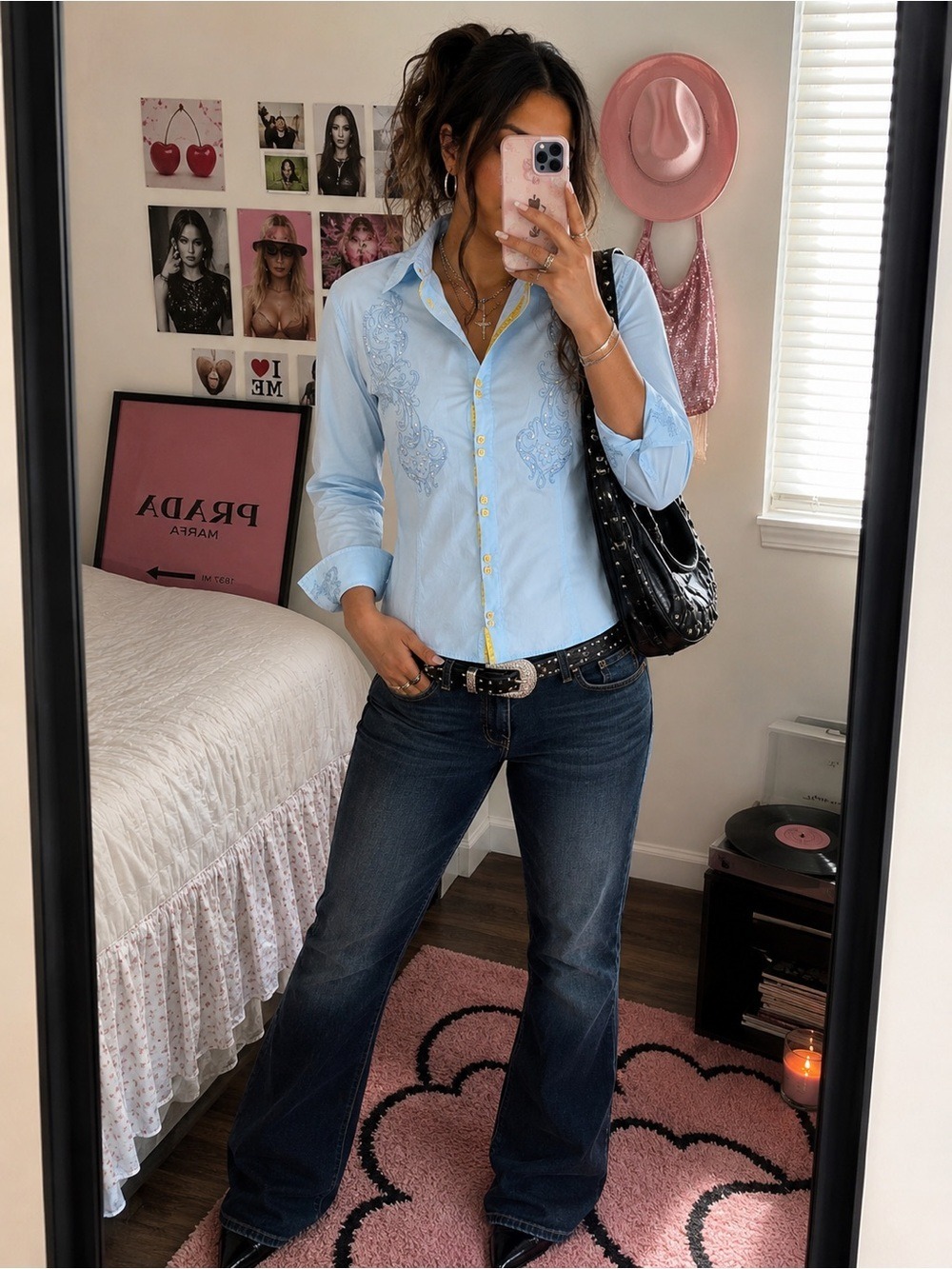 Womens Shirt Button Up Y2K LAMASINI, Studded, Embroider mcbling, Size M